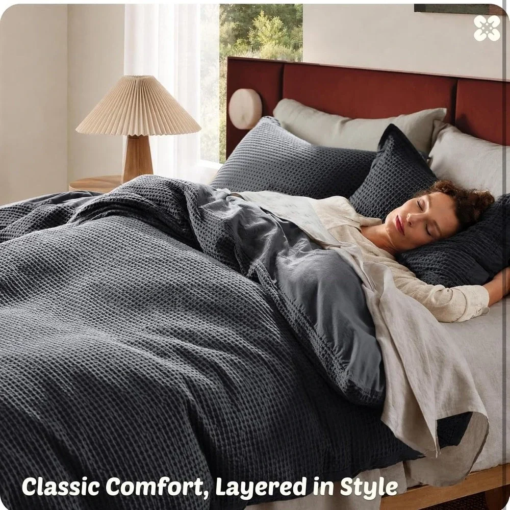 Bedsure King Duvet Cover Set 100% Cotton Gray Waffle Soft Breathable Cozy